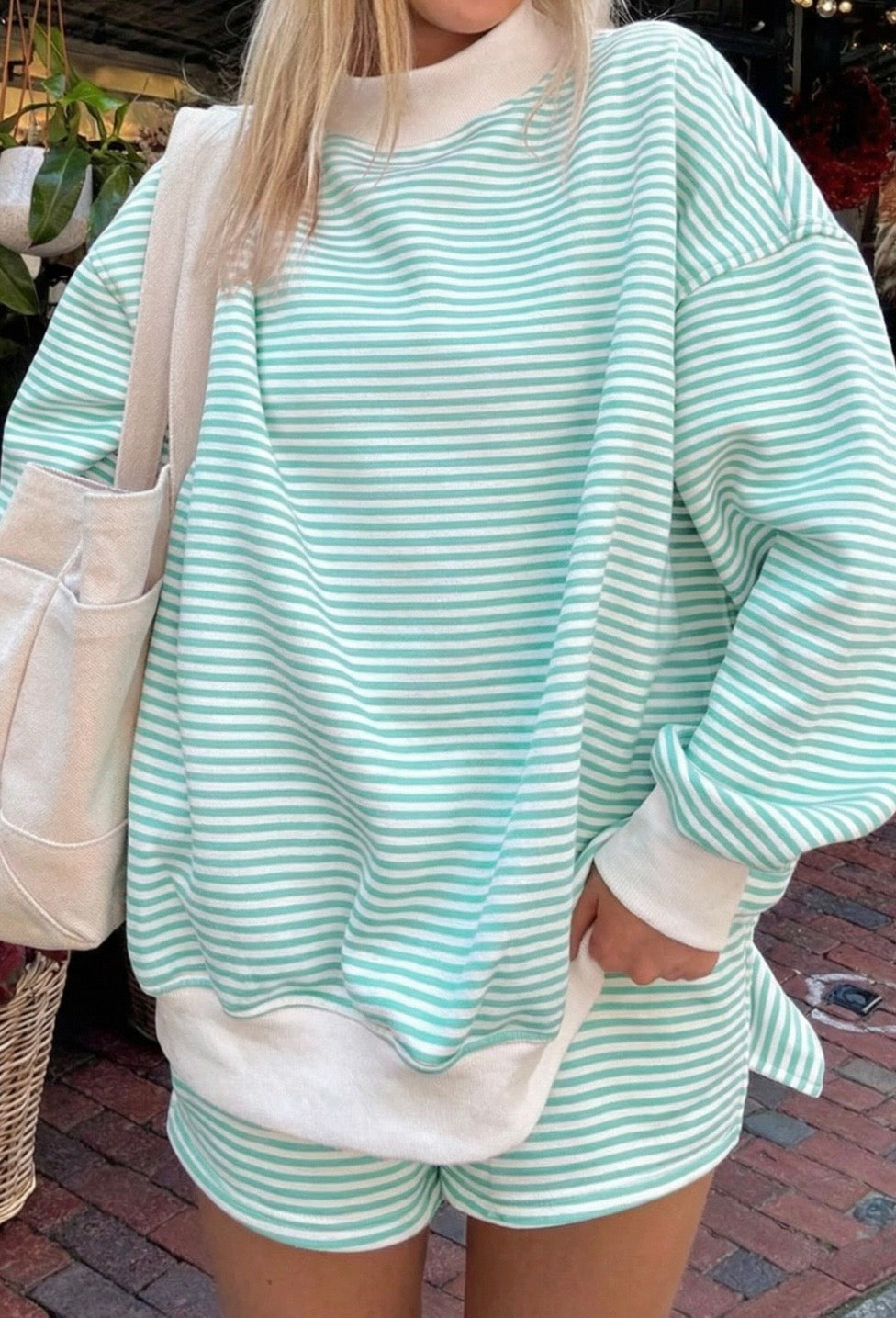Green Striped Long sleeve mock neck sweater and short set