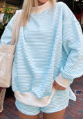 Blue striped Long sleeve mock neck sweater and shorts set