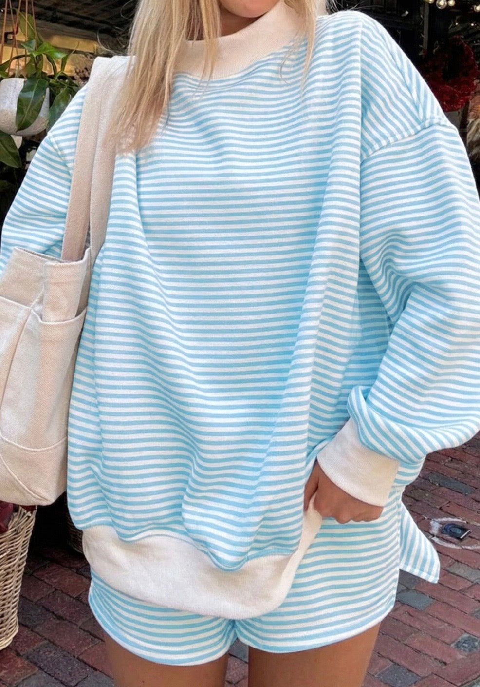 Blue striped Long sleeve mock neck sweater and shorts set